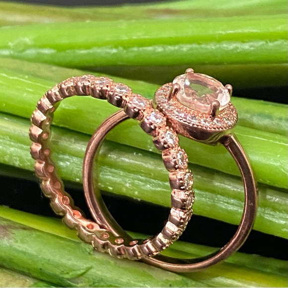 Morganite 925 Rose Gold Solitaire & Eternity Engagement Ring Set Size 7 3g - Picture 13 of 16